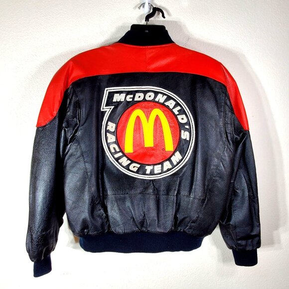 Vintage McDonalds Racing Team Large Leather Bomber Jacket Black Red Yellow - Picture 2 of 16